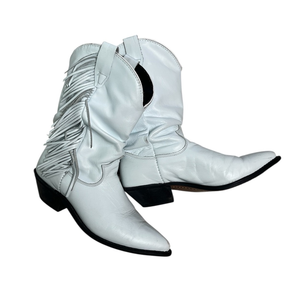 Vintage White Leather Fringe Cowboy Boots Boho Western Slouch Ankle Size 7.5
